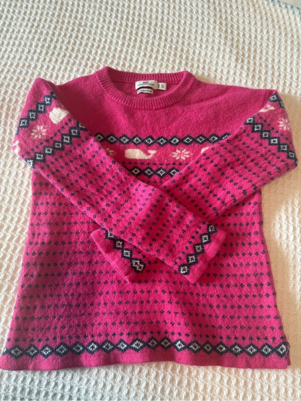 Vineyard Vines Kids XL 16 Cashmere Blend Whale Fair Isle Sweater Pink Crewneck - Picture 4 of 6